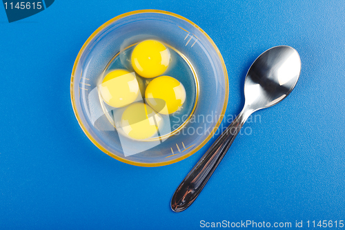 Image of Broken quail eggs and spoon