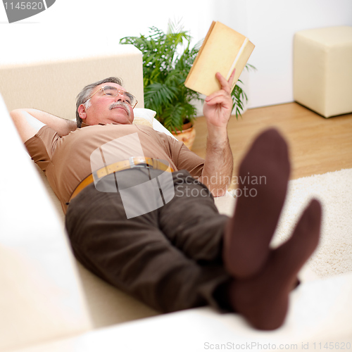 Image of Senior man reading on sofa