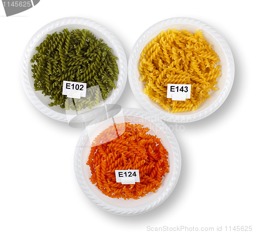 Image of Artificially colored pasta in plates