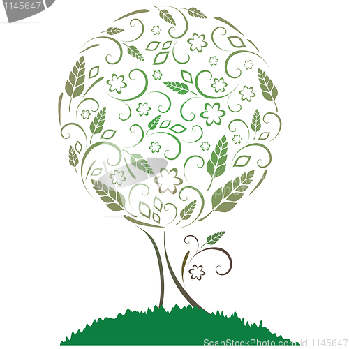 Image of Vector illustration. Tree with leaves, flowers and ears