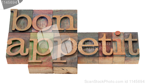 Image of bon appetit - phrase in old letterpress type