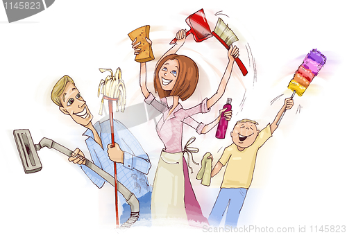 Image of Family doing spring cleaning