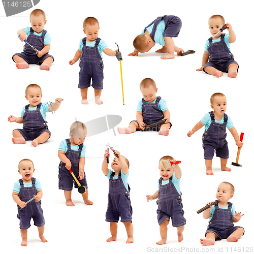 Image of Collage of little boy playing with tools