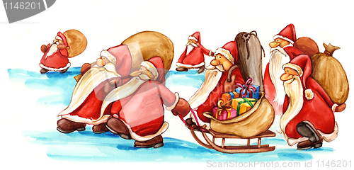 Image of Santa Clauses with gifts