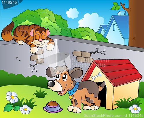Image of Backyard with cartoon cat and dog