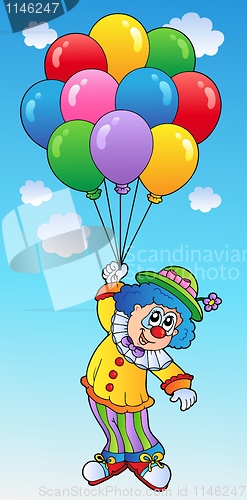 Image of Flying clown with cartoon balloons