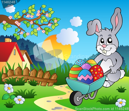 Image of Meadow with bunny and wheelbarrow