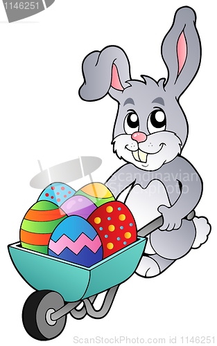 Image of Bunny holding wheelbarrow with eggs