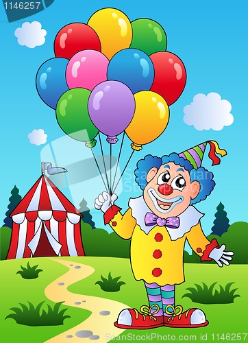 Image of Clown with balloons near tent
