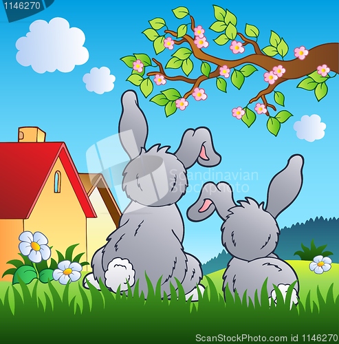 Image of Meadow with two rabbits