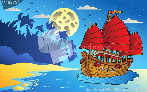Image of Night seascape with Chinese ship