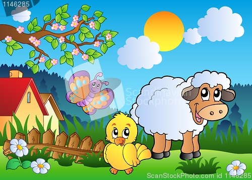 Image of Meadow with happy spring animals