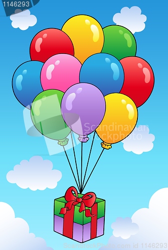 Image of Floating gift with cartoon balloons