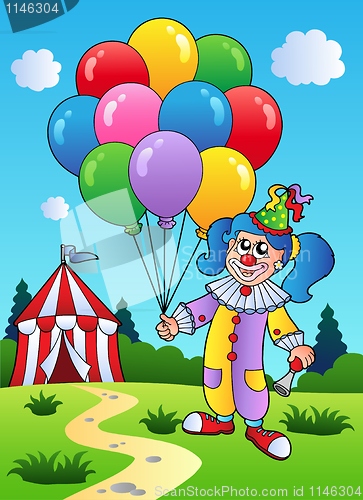 Image of Clown girl with balloons near tent