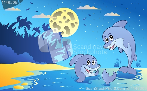 Image of Night seascape with two dolphins