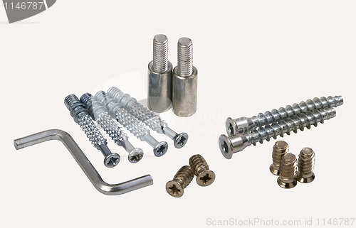 Image of Set of modern bolts and screws for furniture assemblage