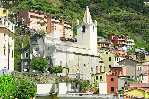 Image of Italy. Cinque Terre. Church in  Riomaggiore village 