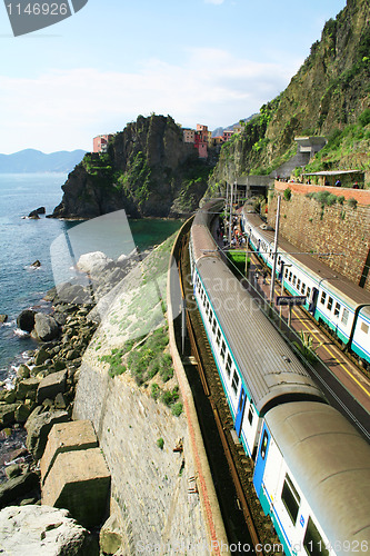 Image of Italy. Cinque Terre. Train at station Manarola 