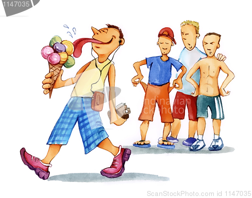 Image of boy eating ice-creams and group of kids