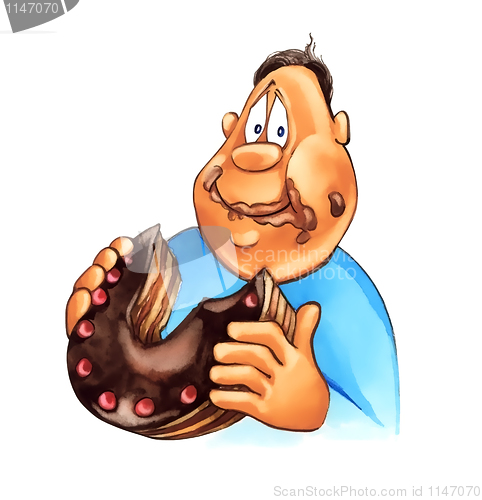 Image of boy eating big chocolate cake