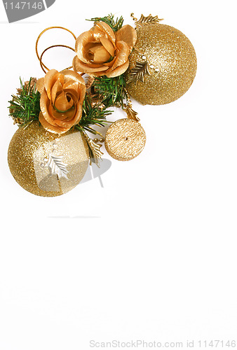 Image of Christmas card with golden balls and candle 