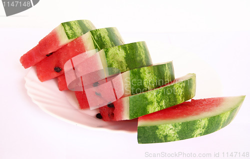 Image of Slices of juicy watermelon served on a white plate