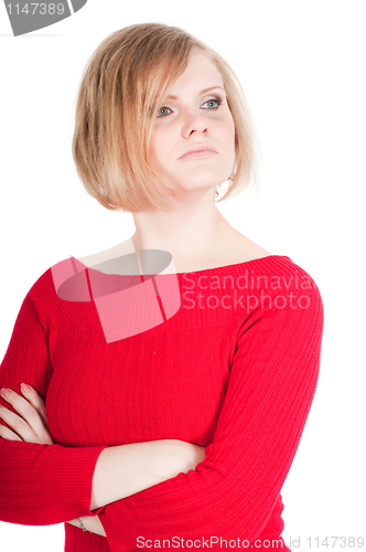 Image of Portrait of beautiful woman in red