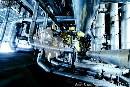 Image of Industrial zone, Steel pipelines in blue tones  