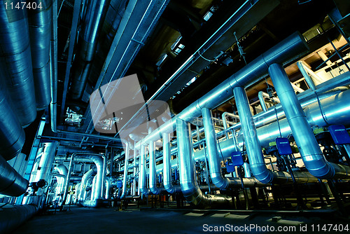 Image of Industrial zone, Steel pipelines in blue tones  