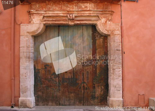 Image of Graffiti on wooden gate - Provence, France.