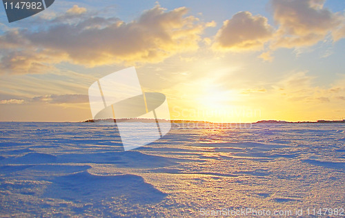 Image of Gold Winter Frosen Sea Sunset in Finland