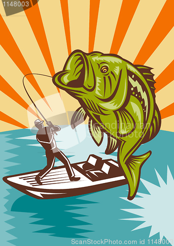 Image of Largemouth Bass Fish jumping reeled by Fly Fisherman