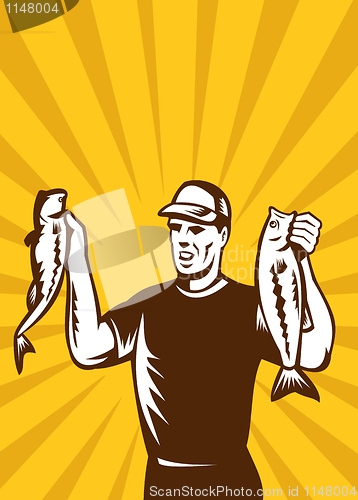 Image of Fly Fisherman holding up bass fish catch 