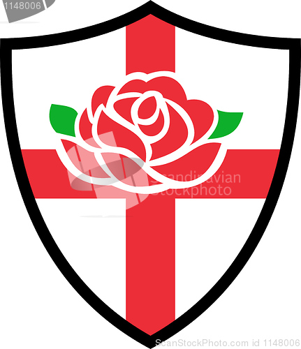 Image of red English rose with flag of England
