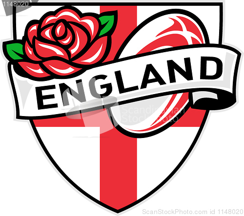 Image of English rose inside shield with rugby ball