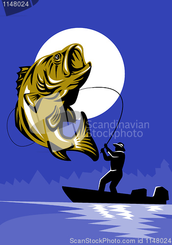 Image of Largemouth Bass Fish jumping reeled by Fly Fisherman