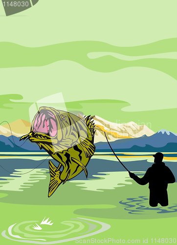 Image of Largemouth Bass Fish jumping being reeled by Fly Fisherman 