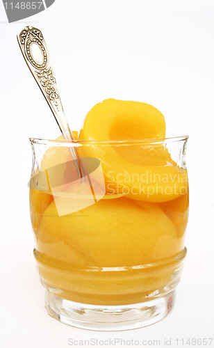 Image of Peaches in a sweet syrup in a glass isolated on the white