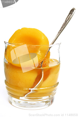 Image of Halves of peaches in a sweet syrup in a glass