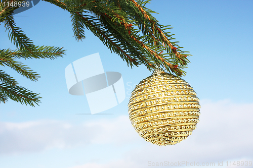 Image of golden bauble on christmas tree