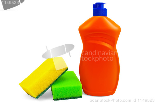 Image of Bottle of detergent and two sponges