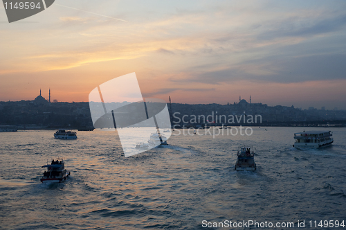 Image of Boats on river Bosphorus at sunset