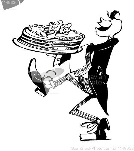 Image of waiter serving big cake