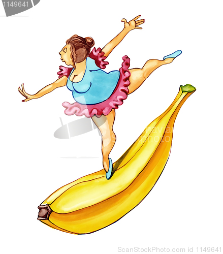 Image of overweight woman dancing on banana