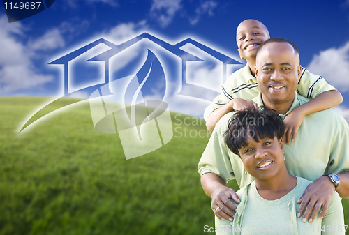 Image of Happy African American Family and Green House Graphic in Field