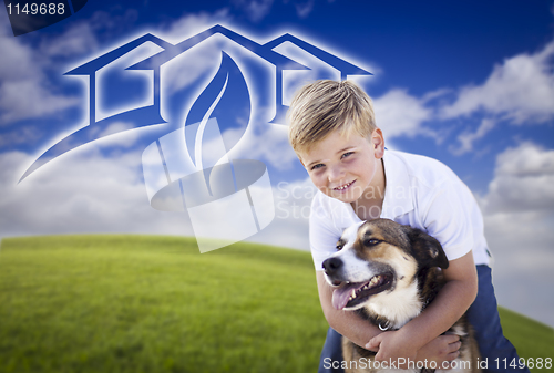 Image of Boy and His Dog Playing Outside with Ghosted Green House Graphic