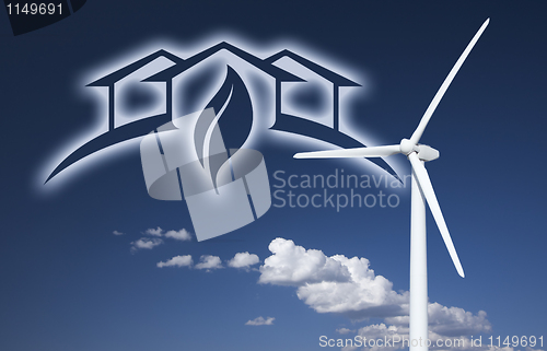Image of Wind Turbine Over Sky, Clouds, Ghosted House and Leaf