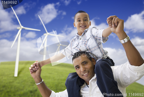 Image of Happy Hispanic Father and Son with Wind Turbine