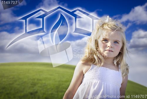 Image of Adorable Blue Eyed Girl Playing Outside with Ghosted Green House