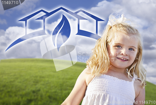 Image of Blue Eyed Girl Playing Outside with Ghosted Green House Graphic